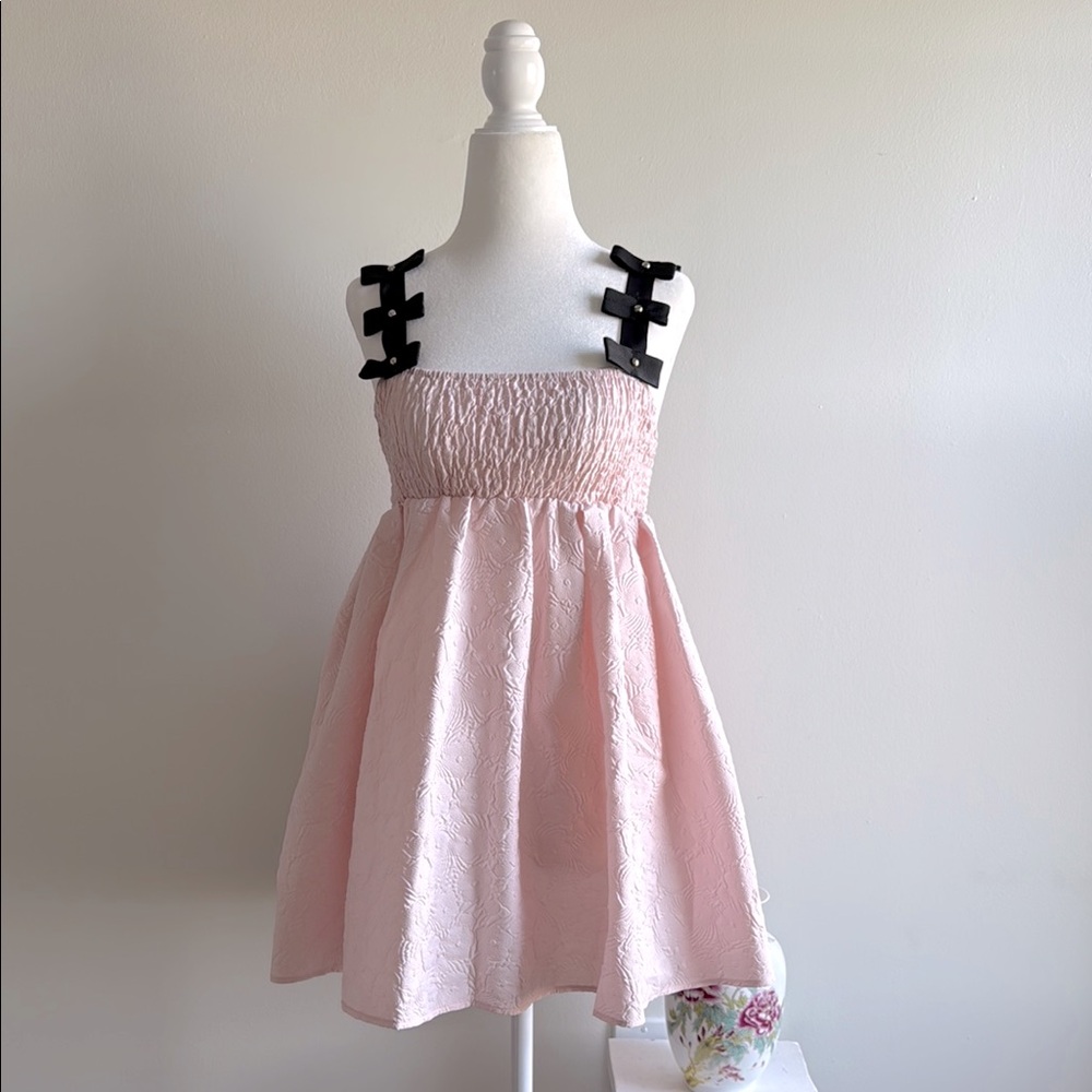 Vintage Pink Jacquard Mini Dress with Black Bow Straps